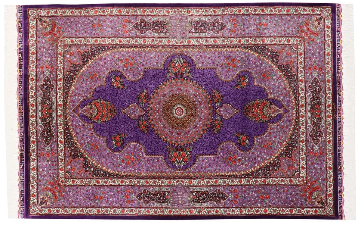 Exklusiver Seidenteppich Ghom Lila 197x135 cm - handgeknüpft