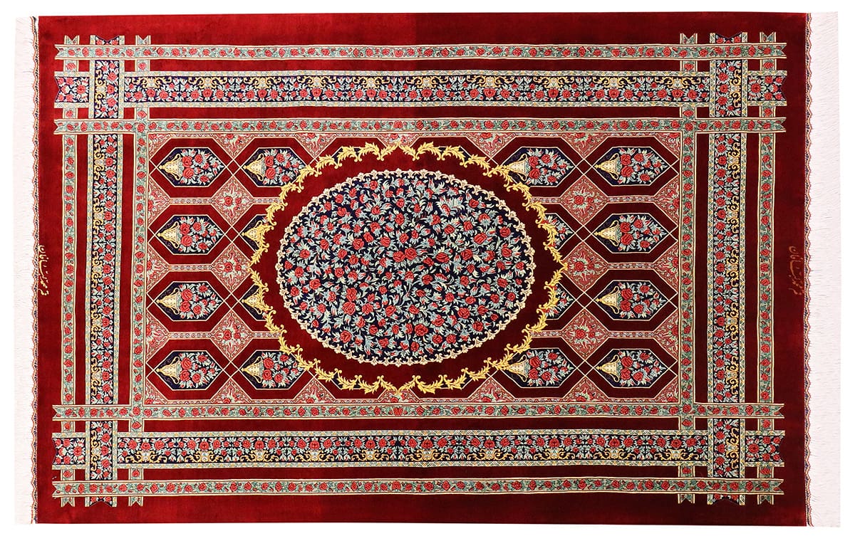 Exklusiver Seidenteppich Ghom Rot 202x131 cm, Naturfarben, handgeknüpft