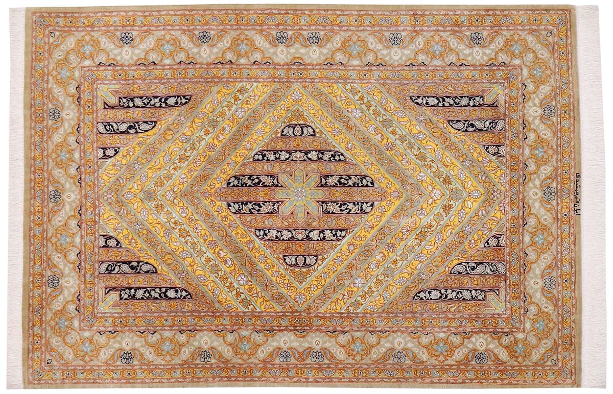 Ghom Seidenteppich 149x99 cm Gold, harmonische Naturfarben, handgeknüpft