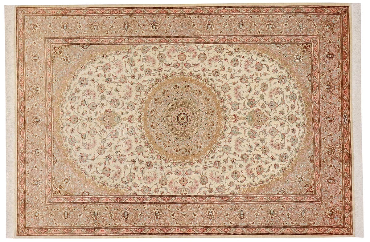 Ghom Seidenteppich 195x135 cm Beige, feingliedrig, handgeknüpft