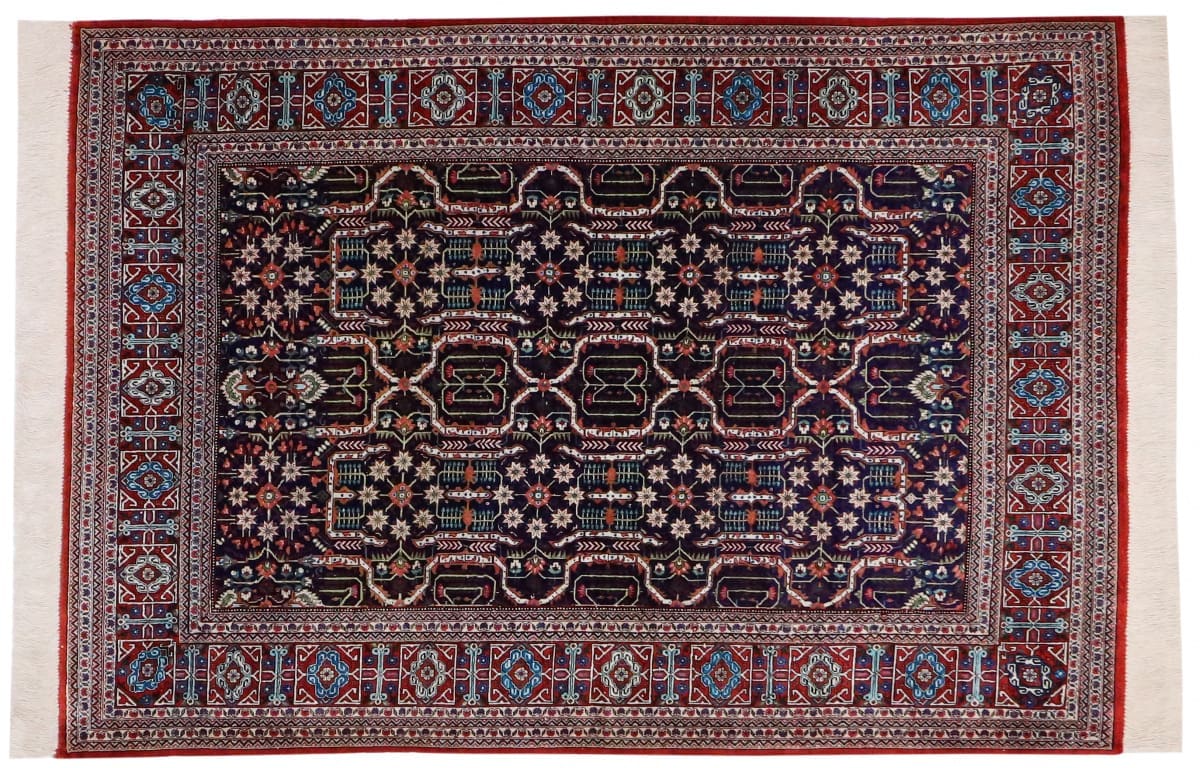 Ghom Seidenteppich Dunkelblau 147x103 cm, feingliedrig handgeknüpft