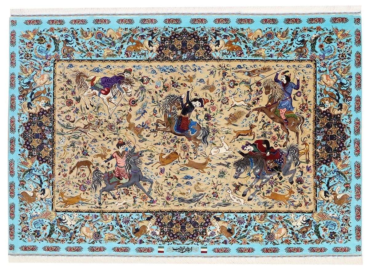 Ghom Seidenteppich Jagdszene 199x132 cm, handgeknüpft, Orientteppich