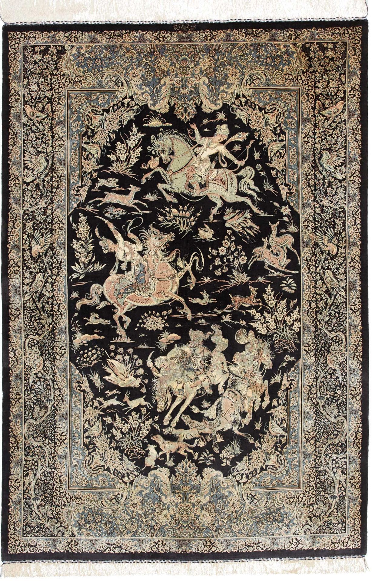 Ghom Teppich 140 x 202 cm, Seide, handgeknüpft, Perserteppich