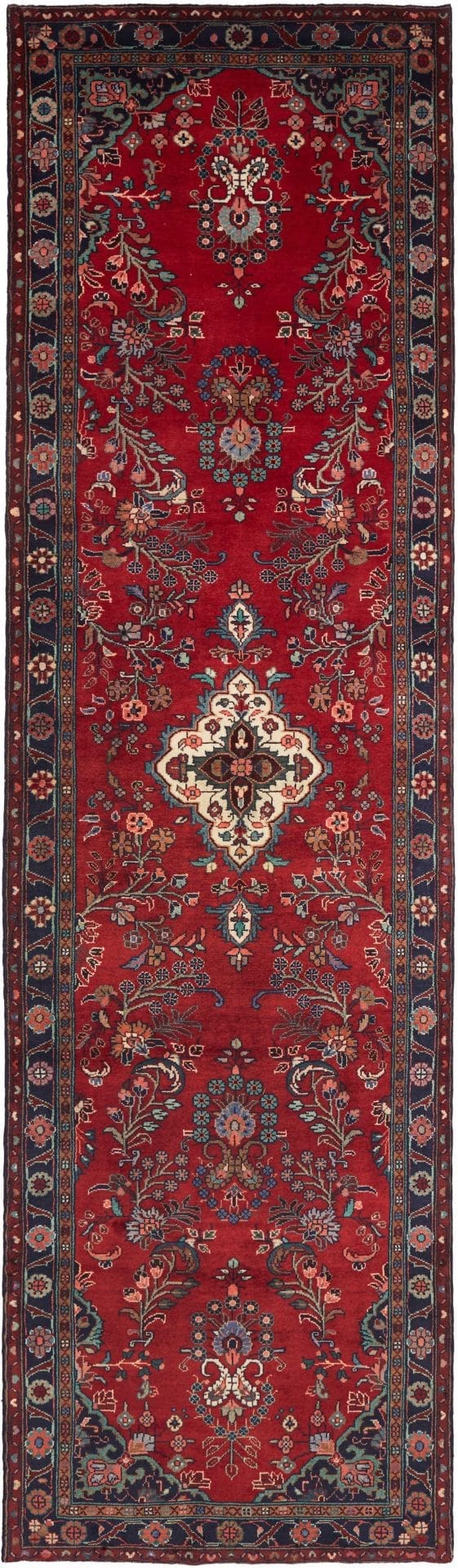 Hamadan Teppich 113 x 395 cm, Schurwolle, geometrisches Muster, handgeknüpft