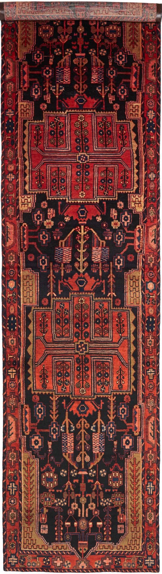 Hamadan Teppich 123 x 460cm, Schurwolle, geometrisches Muster, handgeknüpft