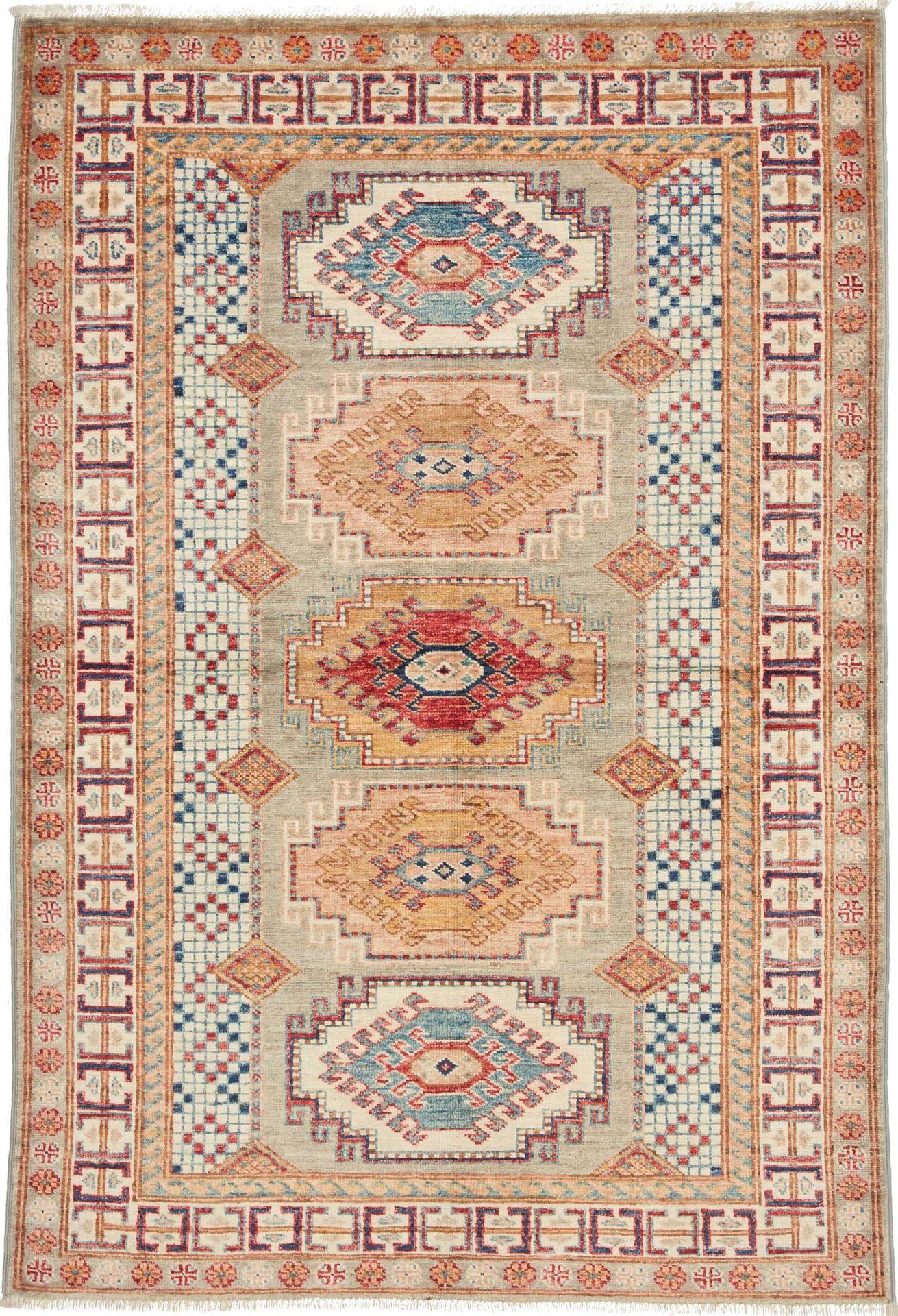 Kazak Teppich 106 x 152 cm, geometrisches Muster, handgeknüpft