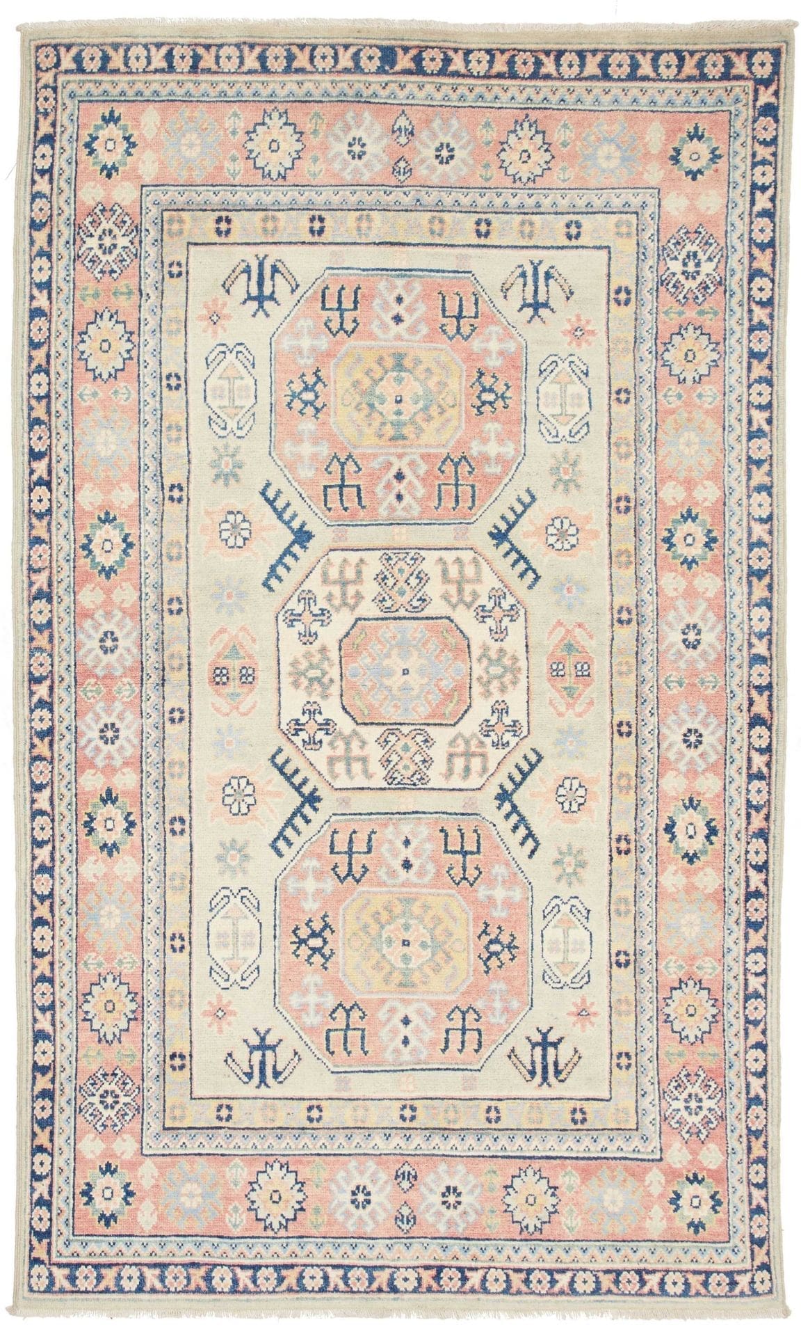 Kazak Teppich 124 x 202cm, geometrisches Muster, Schurwolle, handgeknüpft
