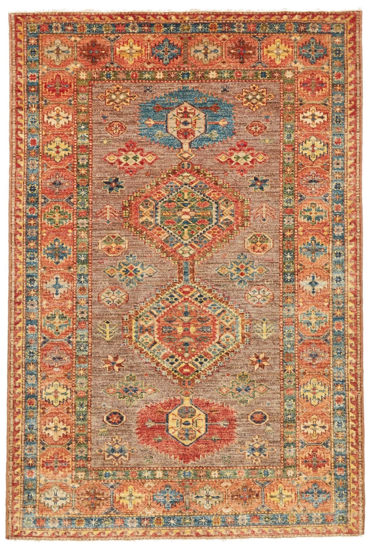 Kazak Teppich 127 x 186cm - Geometrisches Muster, Schurwolle, handgeknüpft