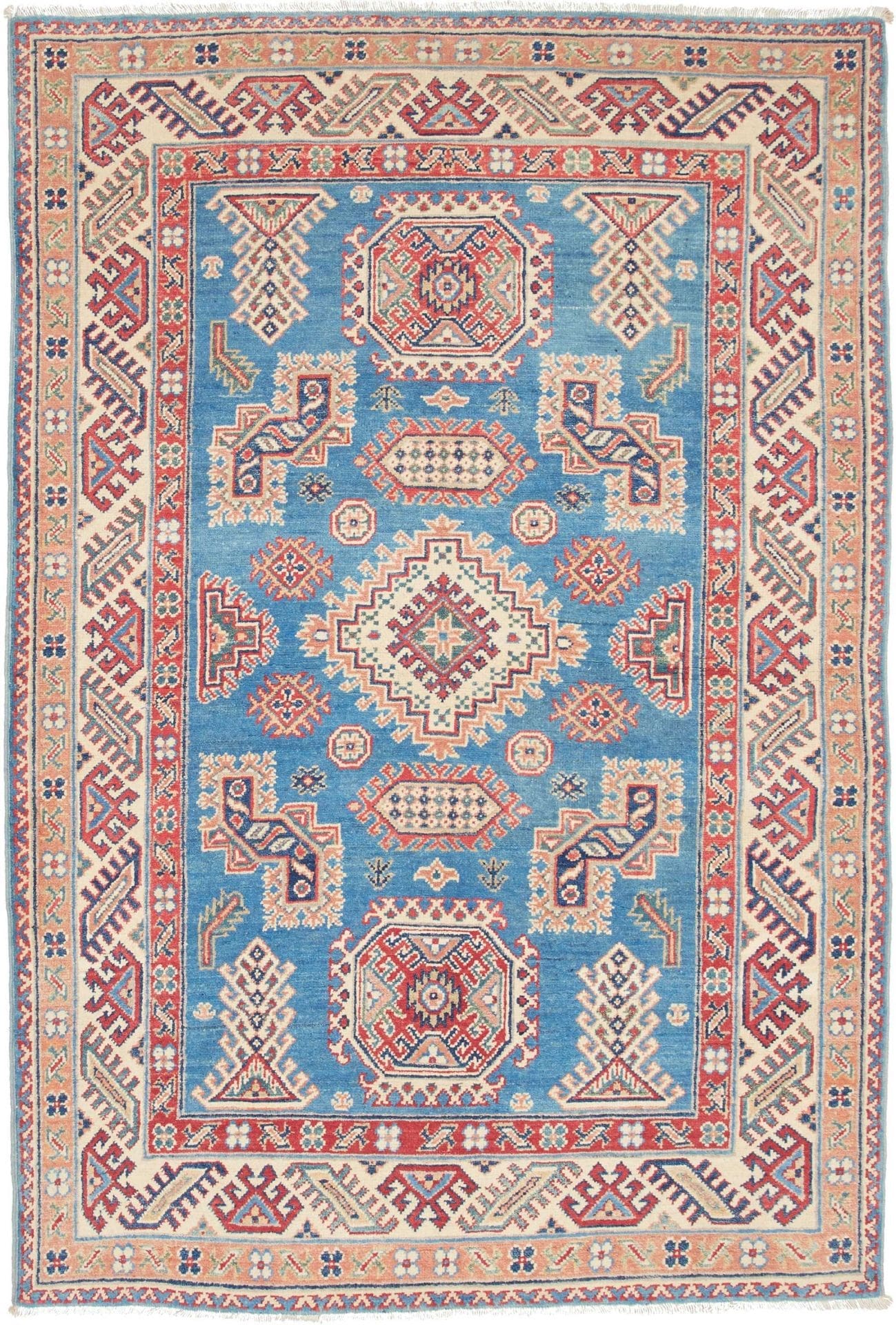 Kazak Teppich 128 x 182 cm, geometrisches Muster, handgeknüpft