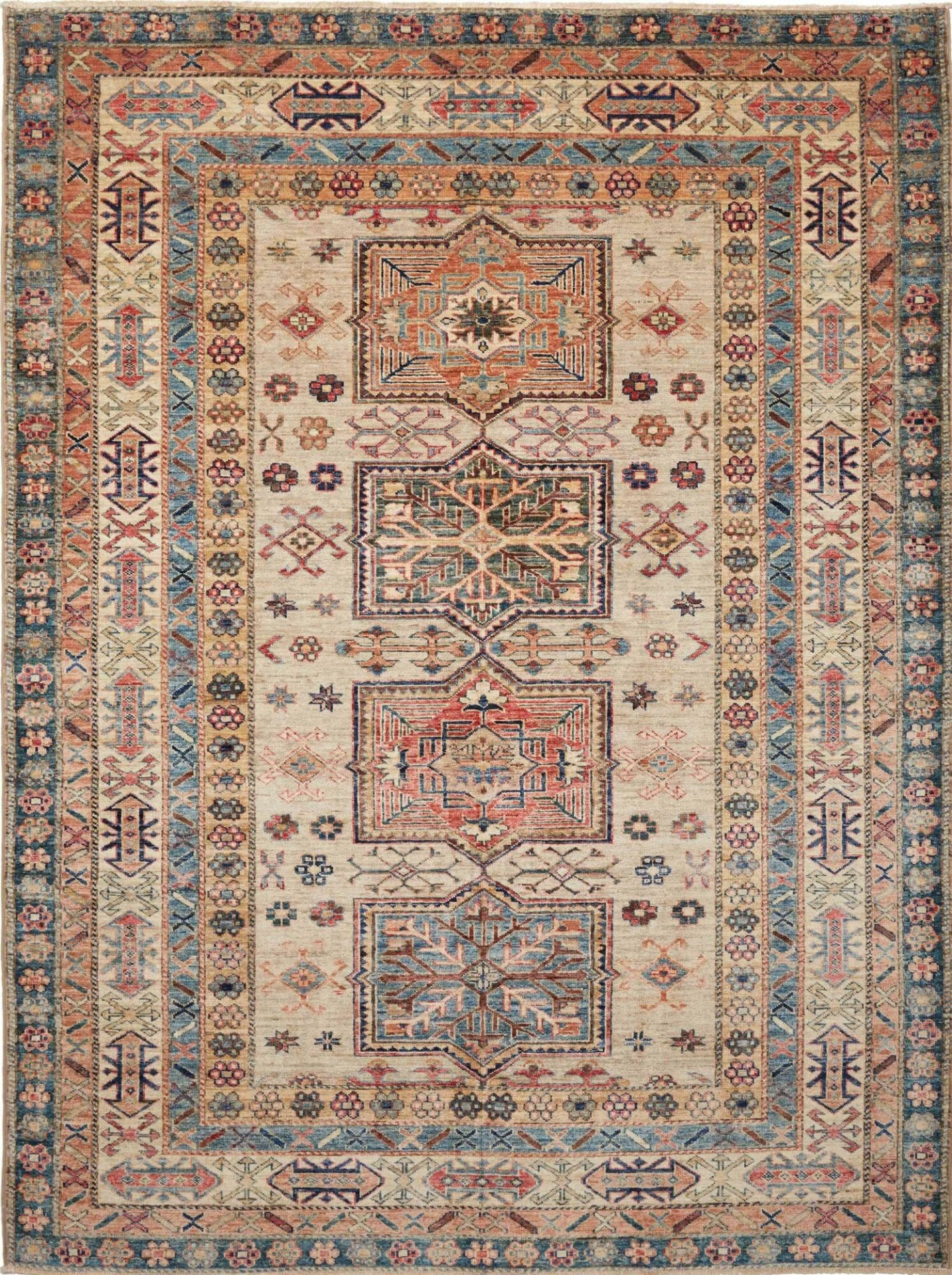 Kazak Teppich 174 x 230cm, geometrische Muster, handgeknüpft
