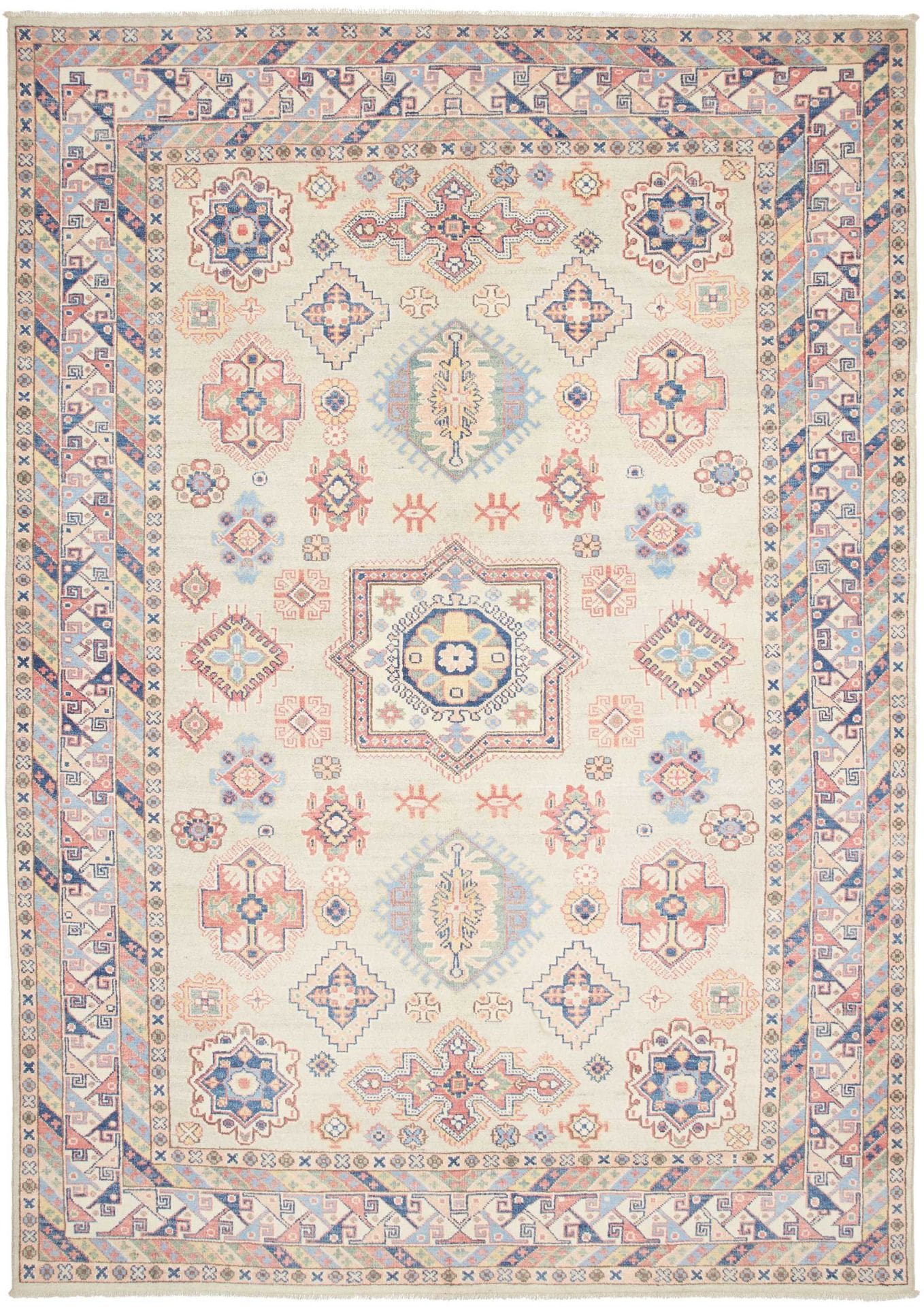 Kazak Teppich 198 x 278 cm, geometrisches Muster, handgeknüpft