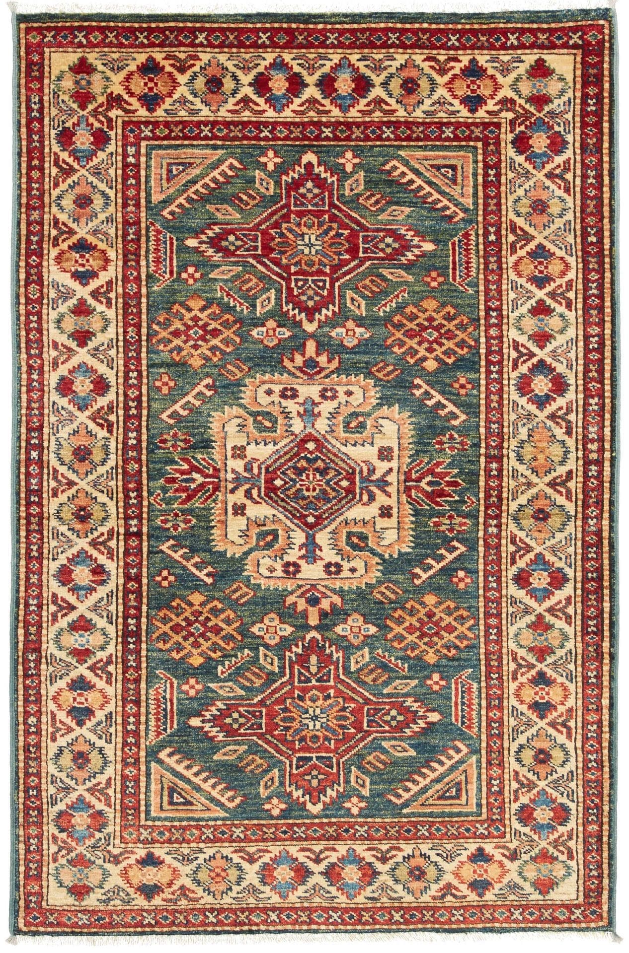 Kazak Teppich 95 x 140cm, geometrische Muster, handgeknüpft