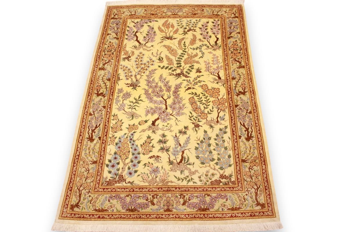 Orientteppich Seidenteppich Ghom 150x97 cm Beige, handgeknüpft