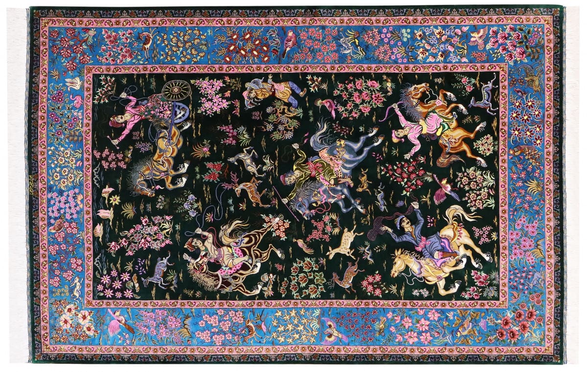 Orientteppich Seidenteppich Ghom Jagdszene 206x137 cm, handgeknüpft
