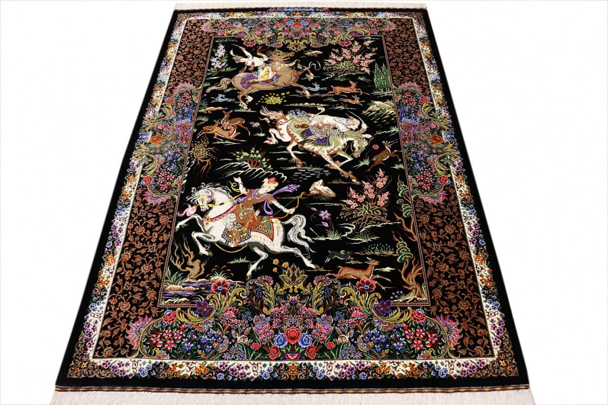 Orientteppich Seidenteppich Ghom Jagdszene Schwarz 202x138 cm handgeknüpft