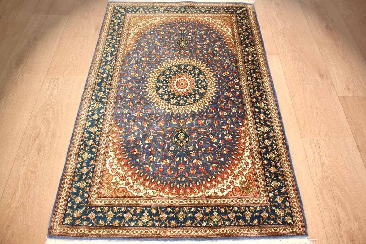 Perser Teppich Ghom 122x77 cm Blau, Seidenteppich, handgeknüpft