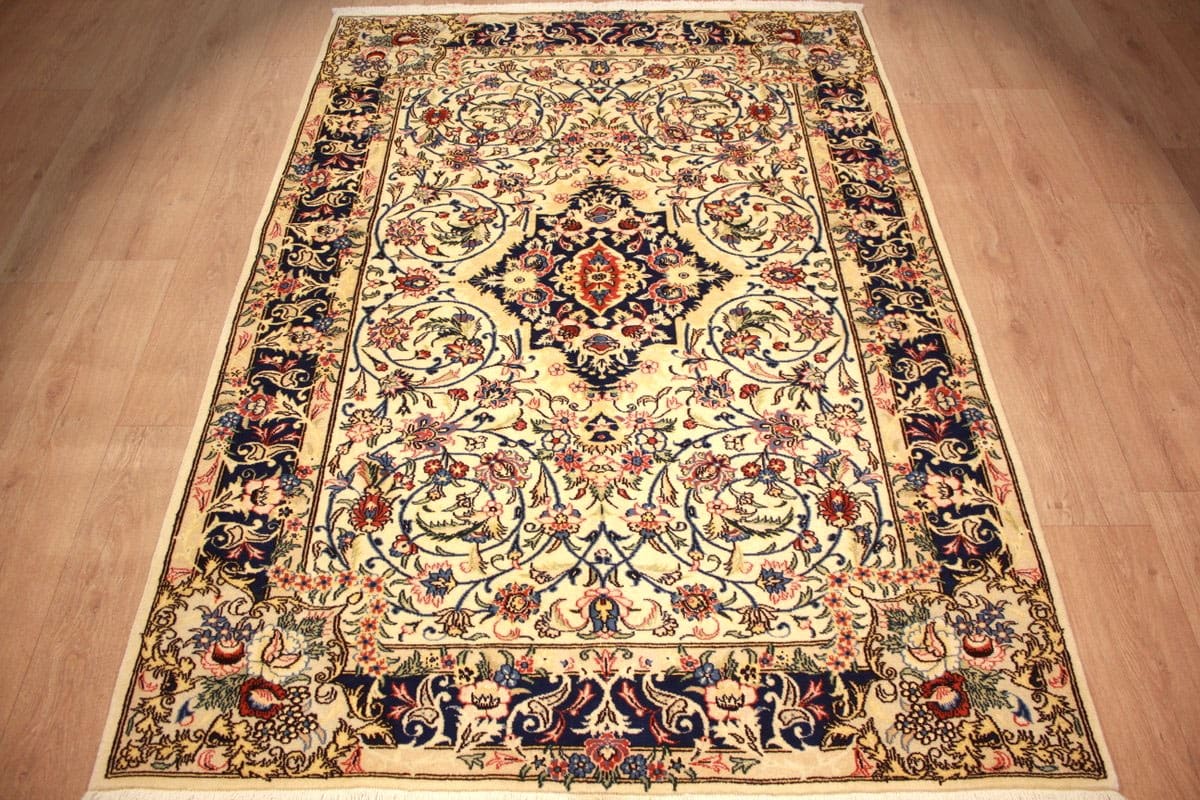 Perser Teppich Ghom 197x149 cm Seide Beige, harmonische Farben, handgeknüpft