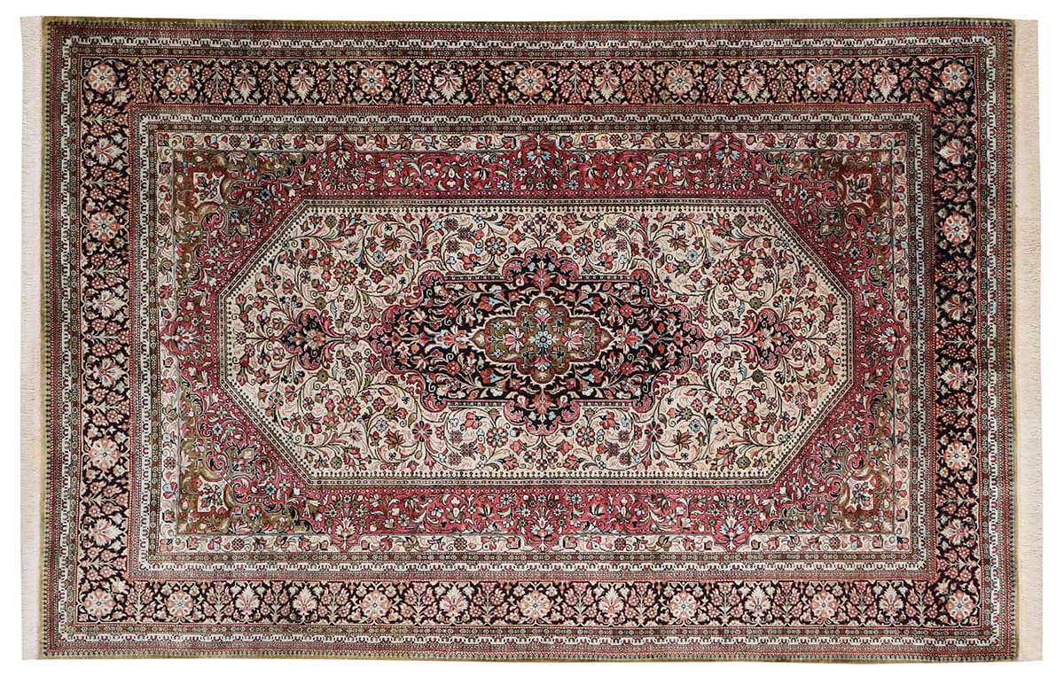 Perser Teppich Ghom 217x139 cm Beige, Seidenteppich, handgeknüpft