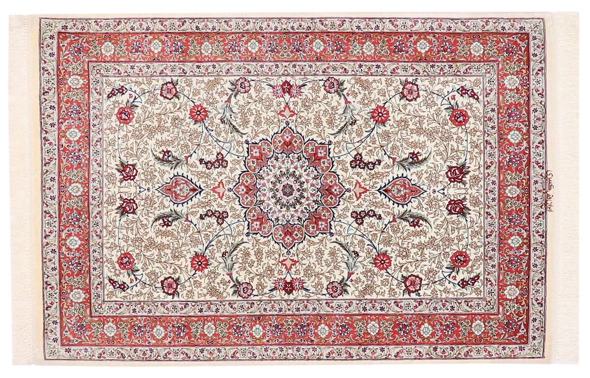 Perser Teppich Ghom Seidenteppich 120x81 cm Beige, handgeknüpft