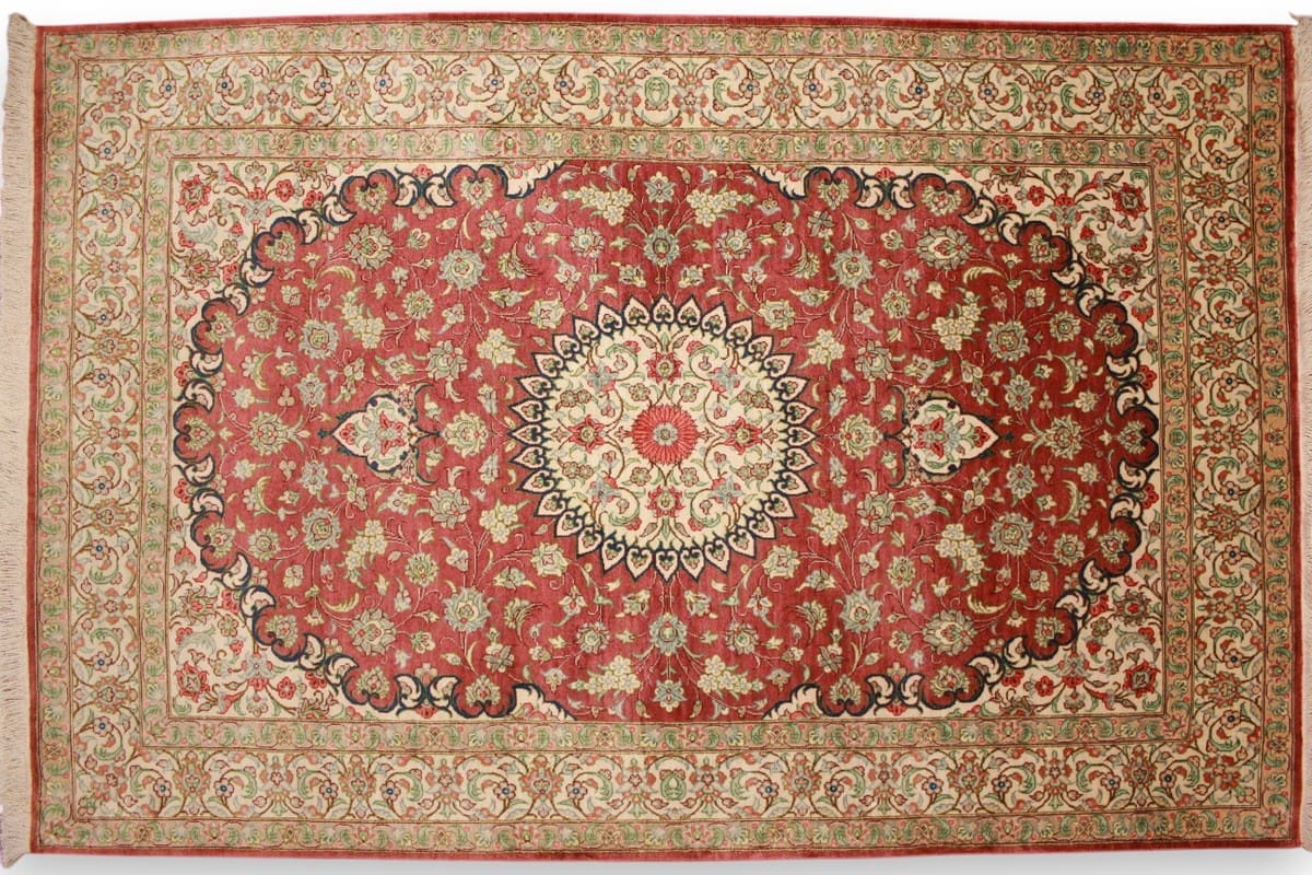 Perser Teppich Ghom Seidenteppich 122x81 cm Rot, handgeknüpft