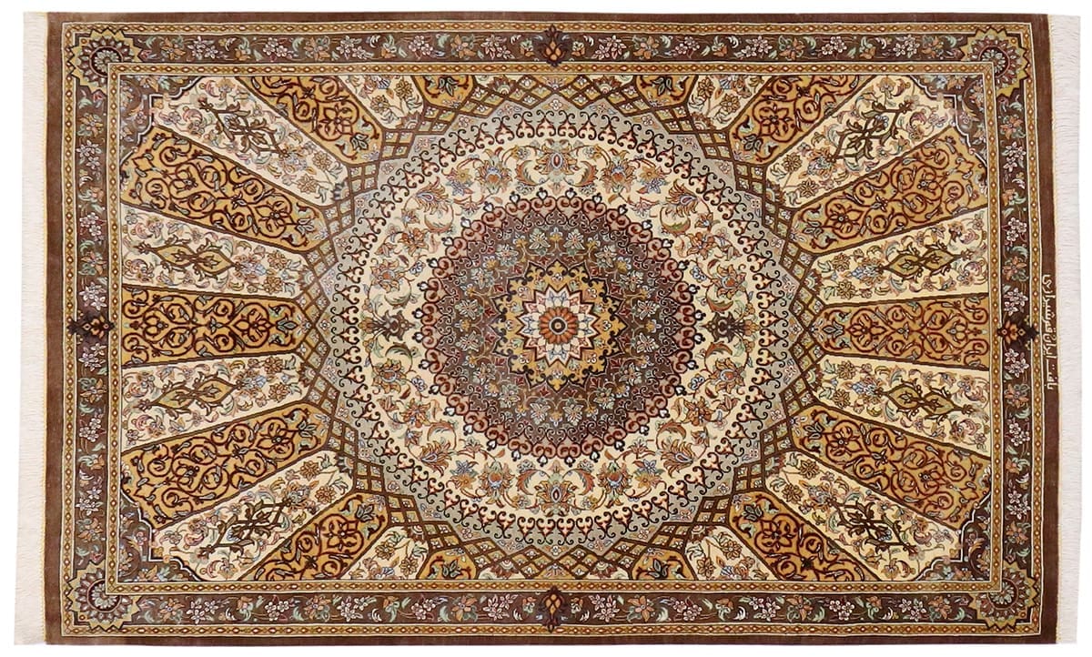 Perser Teppich Ghom Seidenteppich 129x85 cm Elfenbein Royal handgeknüpft