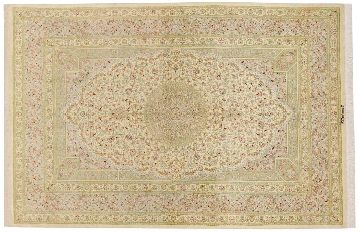 Perser Teppich Ghom Seidenteppich 200x133 cm Beige, handgeknüpft