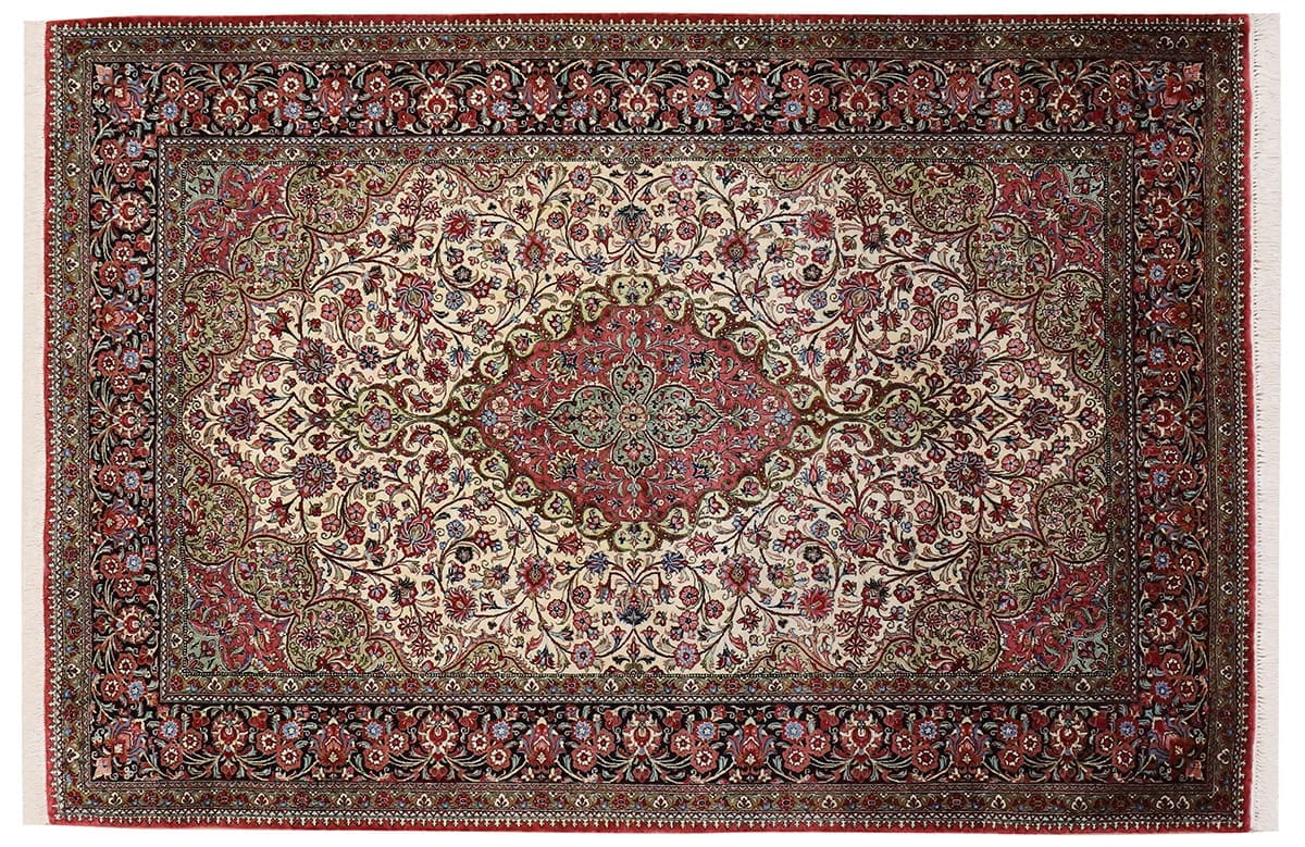 Perser Teppich Ghom Seidenteppich 206x137 cm Beige, handgeknüpft