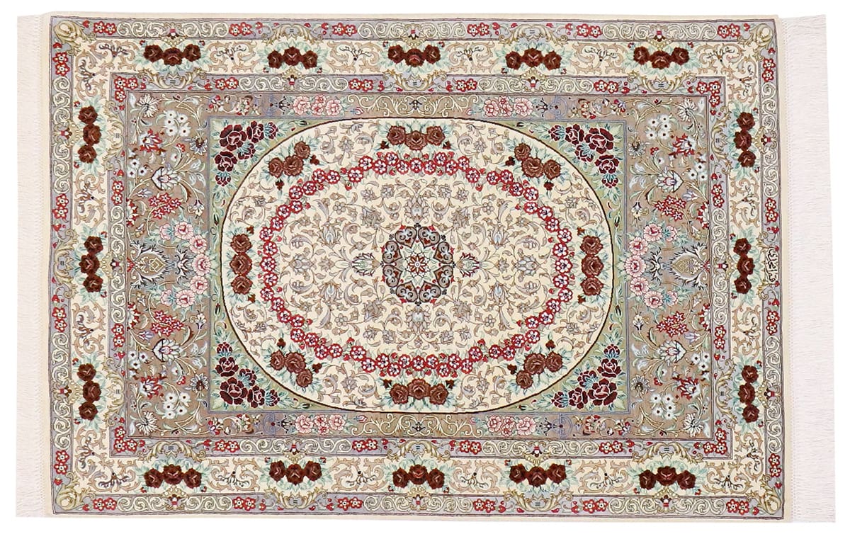 Perser Teppich "Gom" Seidenteppich 122x81 cm, Naturfarben, handgeknüpft