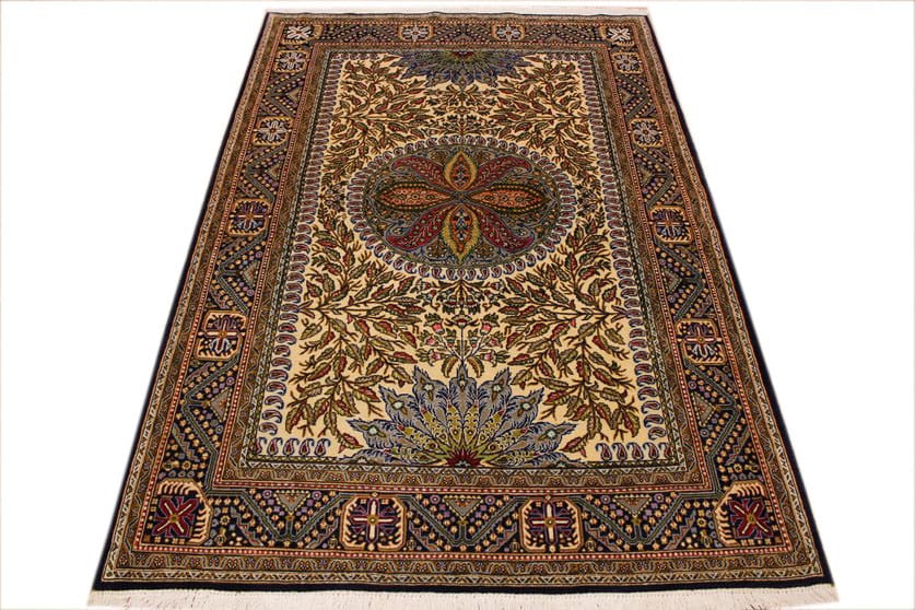 Perserteppich Ghom 207x136 cm, Seide, Naturfarben, handgeknüpft