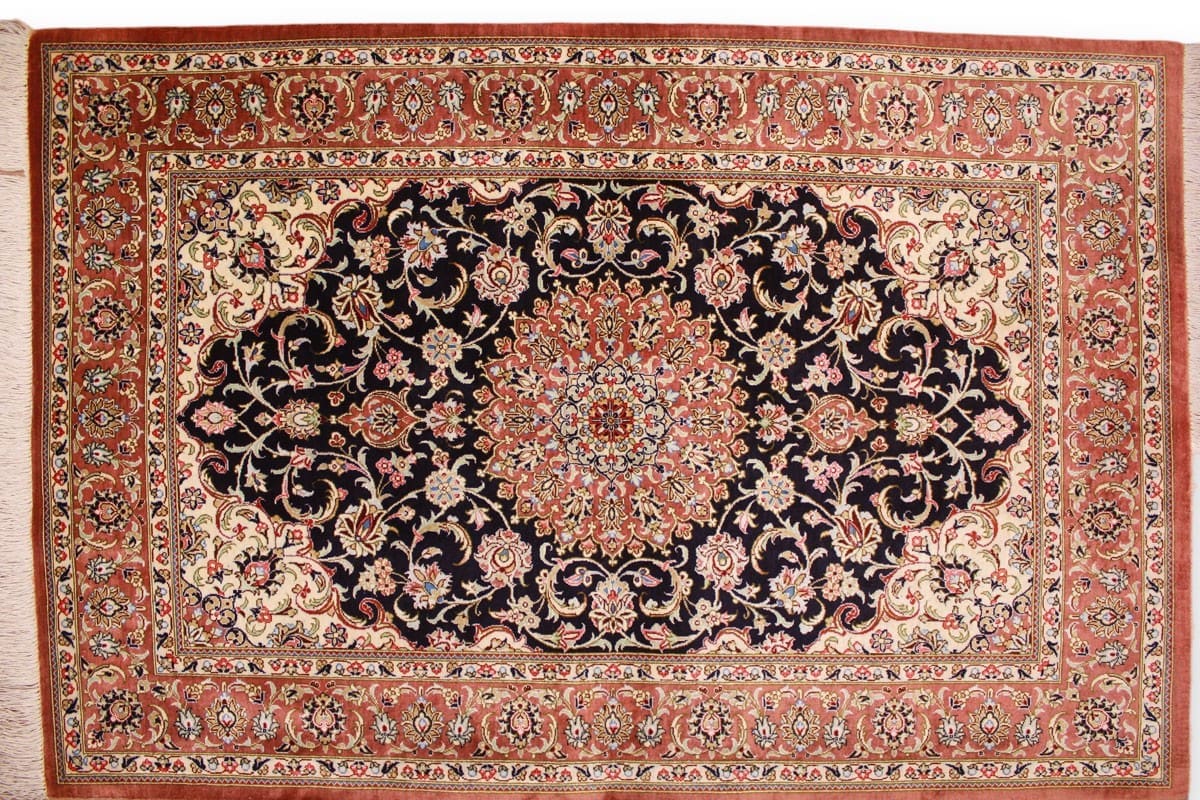 Perserteppich Ghom Seidenteppich 121x78 cm Dunkelblau, handgeknüpft