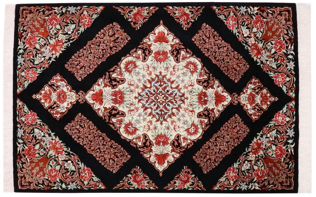 Perserteppich Ghom Seidenteppich 122x81 cm Schwarz, handgeknüpft