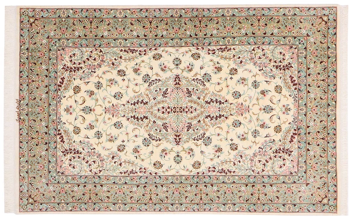 Perserteppich Ghom Seidenteppich "Ahmadi" 150x99 cm Beige, handgeknüpft