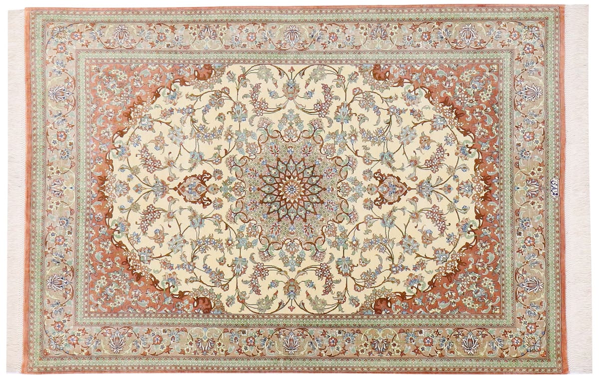 Perserteppich "Gom" Seidenteppich 150x99 cm, Naturfarben, handgeknüpft