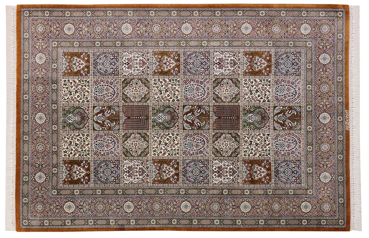 Persischer Seidenteppich Ghom 195x135 cm, Feldermotiv, handgeknüpft