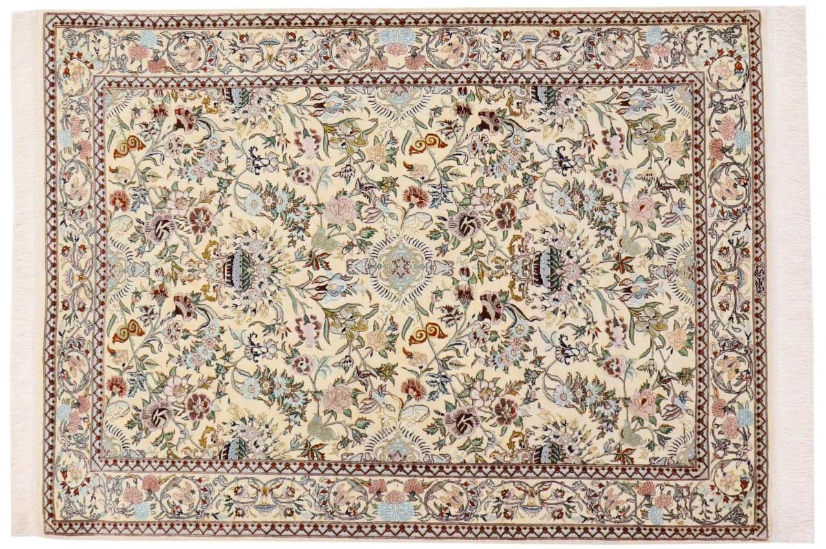 Reiner Seidenteppich Ghom Beige 147x101 cm, handgeknüpft, exklusiv