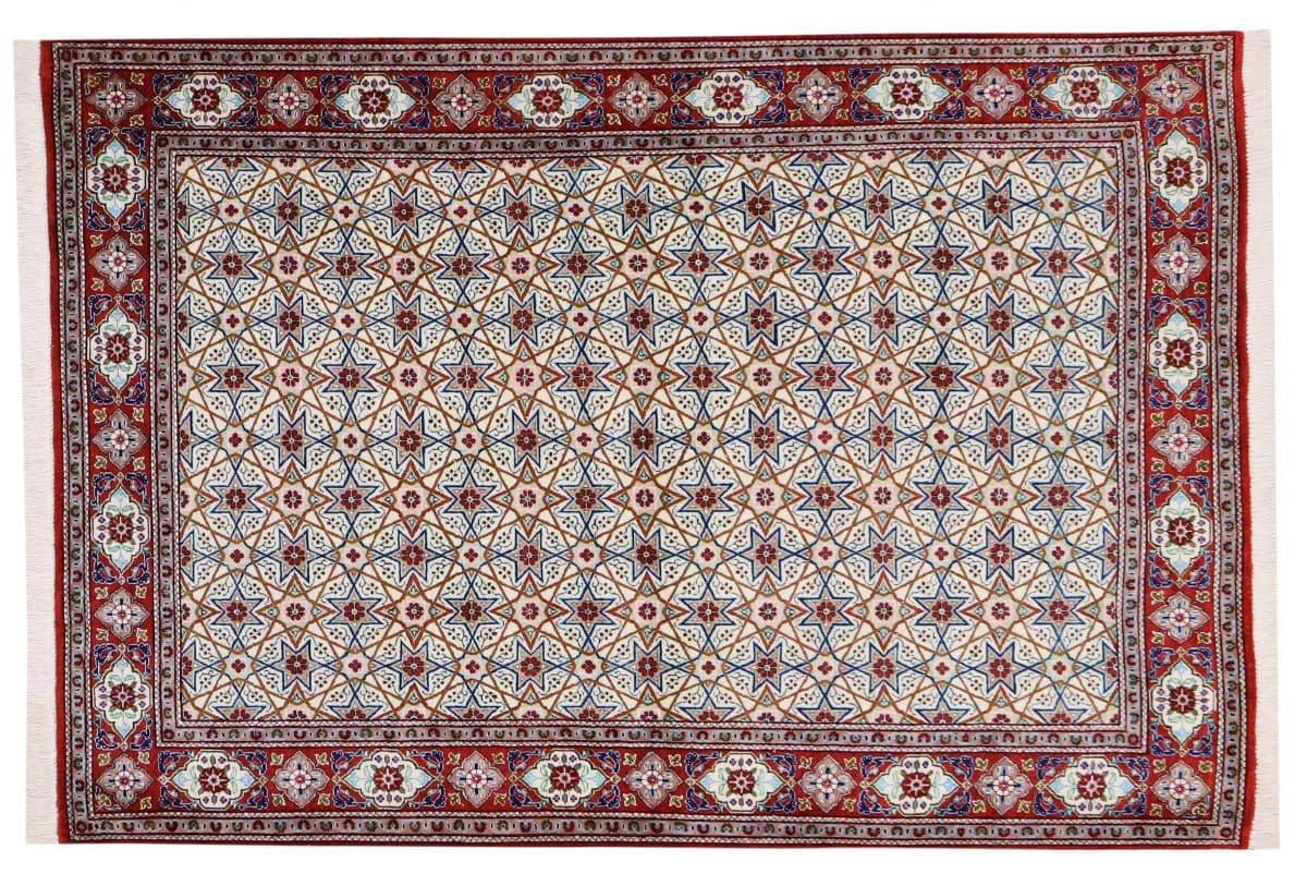 Reiner Seidenteppich Ghom Beige 152x105 cm, exakte Knüpfung, handgeknüpft