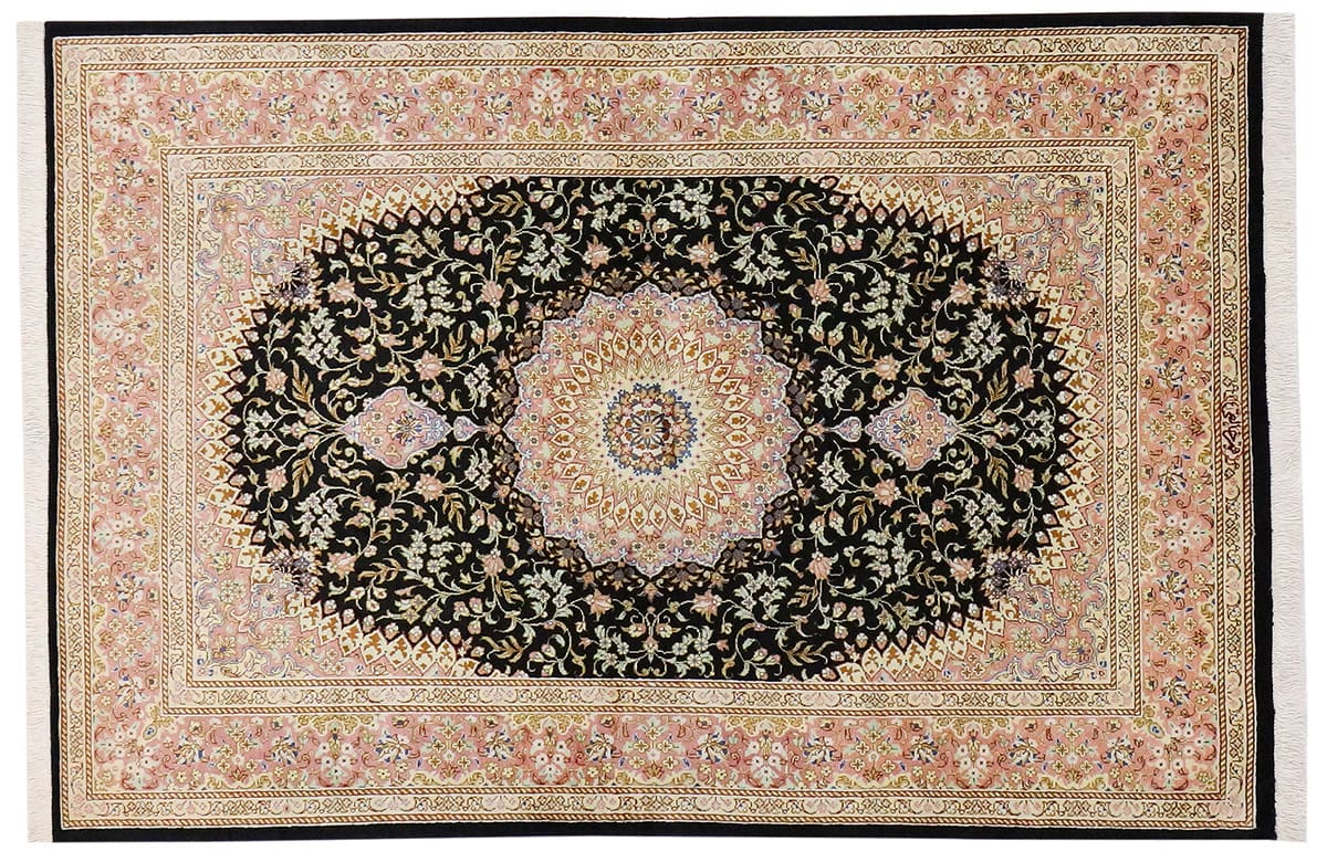 Schwarzer Seidenteppich Ghom 147x96 cm, feine Motive, handgeknüpft