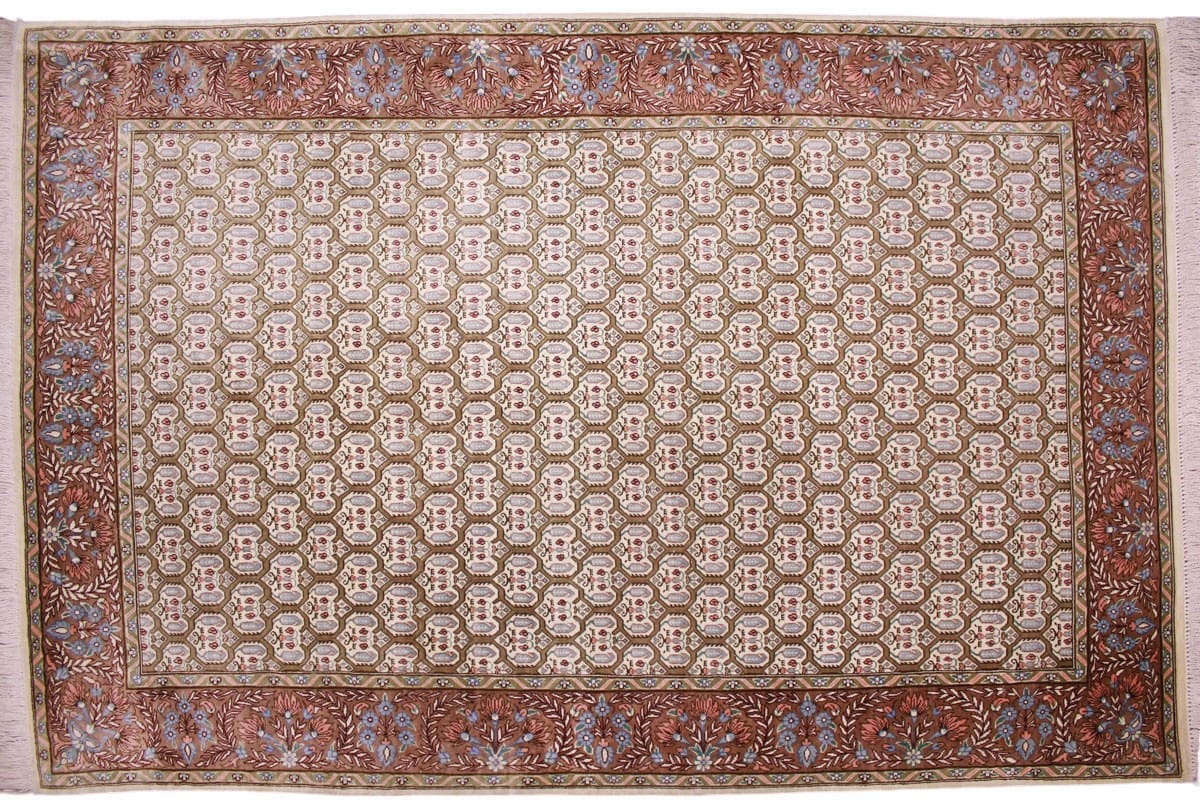 Seiden Teppich Ghom 122x81 cm Beige, Naturfarben, handgeknüpft