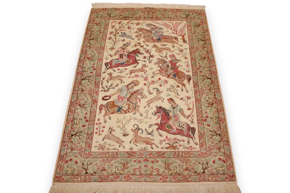 Seidenteppich Ghom 150x102 cm Jagdszene Beige handgeknüpft