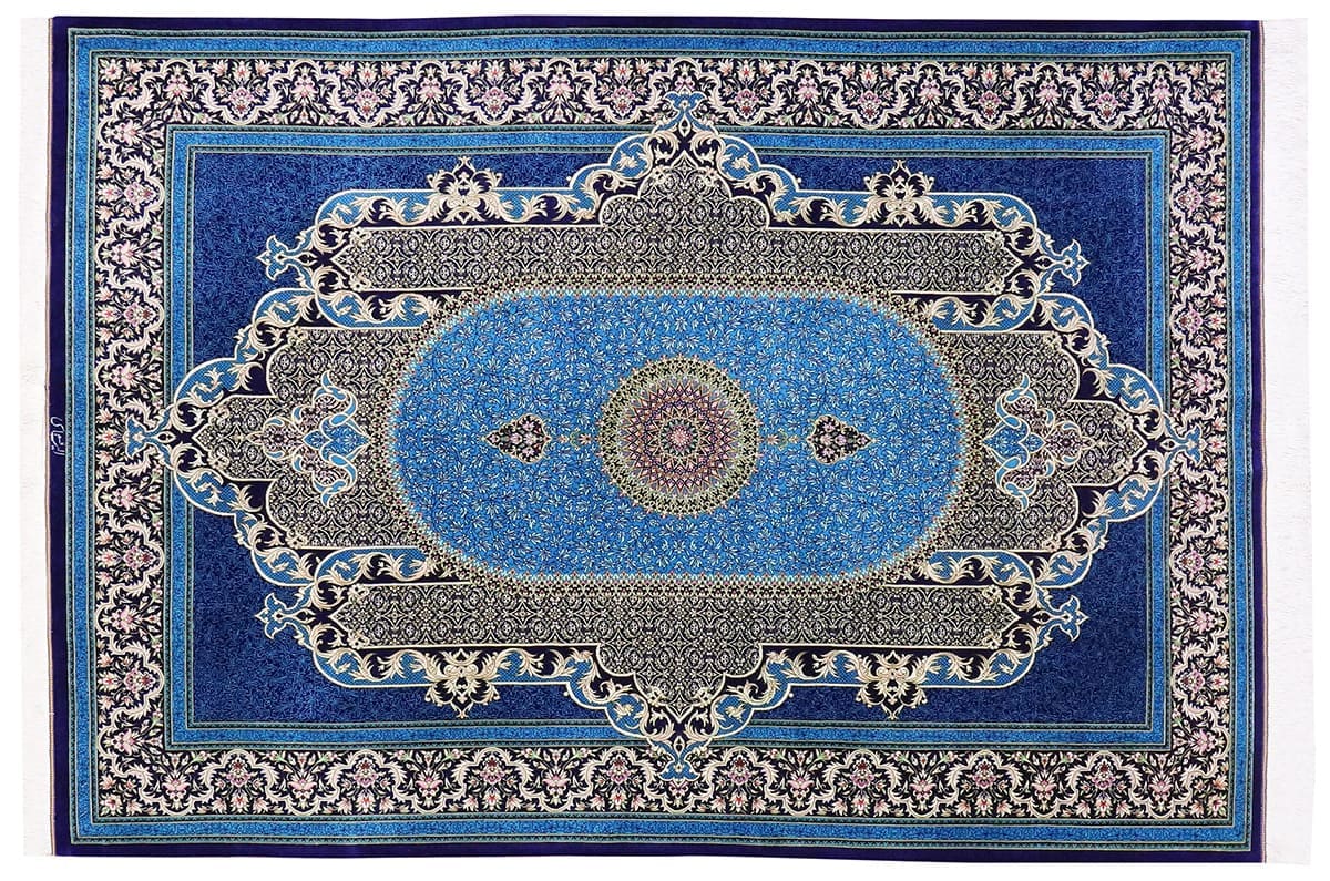 Seidenteppich Ghom 202x141 cm Blau, handgeknüpft, Naturfarben