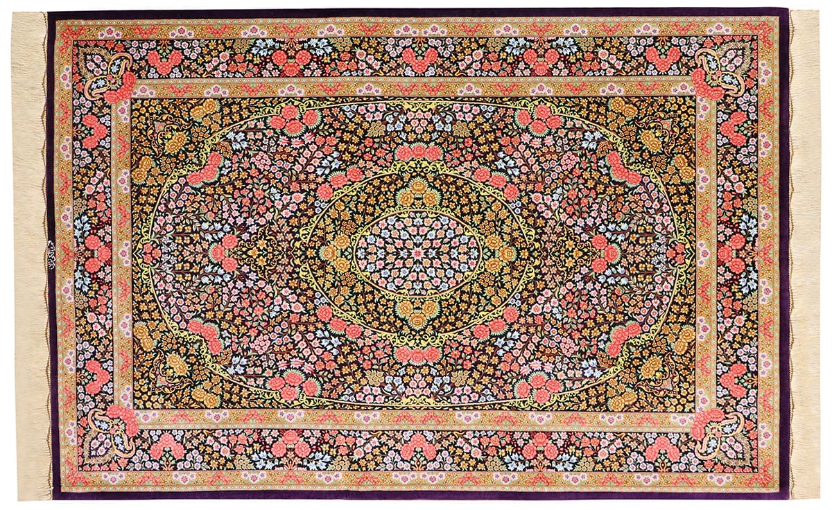 Seidenteppich Ghom 204x133 cm, Naturfarben, handgeknüpft