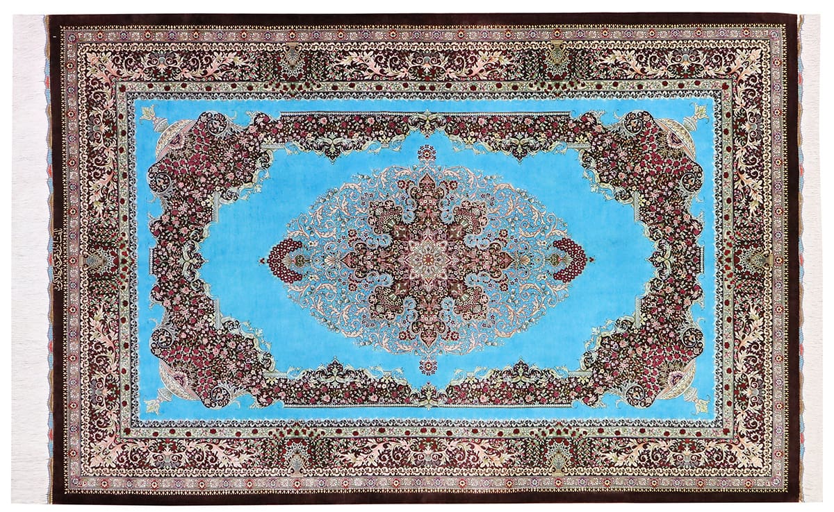 Seidenteppich Ghom 204x136 cm Blau, feine Naturfarben, handgeknüpft