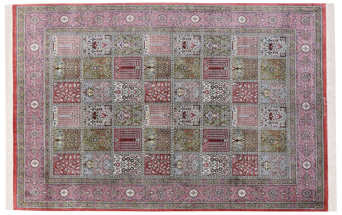 Seidenteppich Ghom 206x131 cm, Feldermotiv, handgeknüpft, Orientteppich