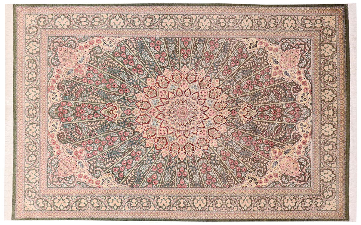 Seidenteppich Ghom 207x137 cm Grün, handgeknüpft, Naturfarben