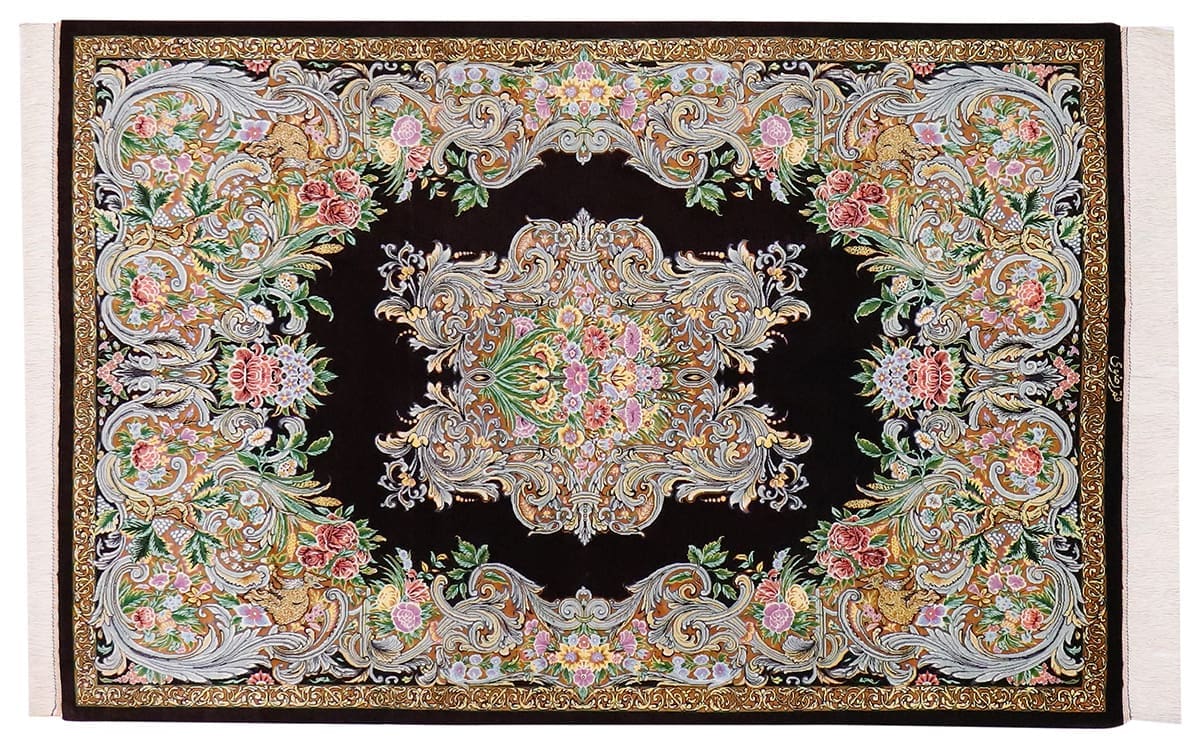 Seidenteppich Ghom Perser 152x99 cm Braun, feine Muster, handgeknüpft