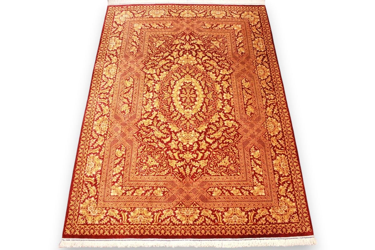 Seidenteppich Gom 144x101 cm Rot/Gold, feingliedrig, Perserteppich handgeknüpft