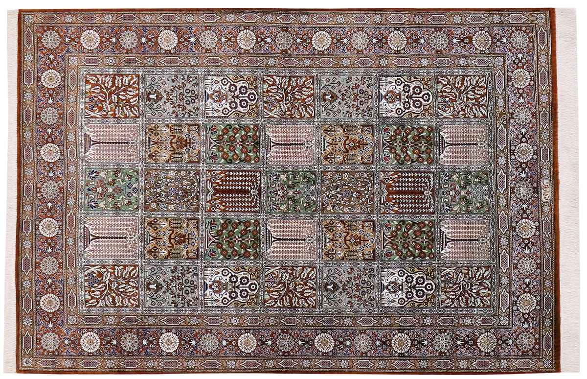 Seidenteppich Gom 149x101 cm Feldermotiv, handgeknüpft, Perserteppich