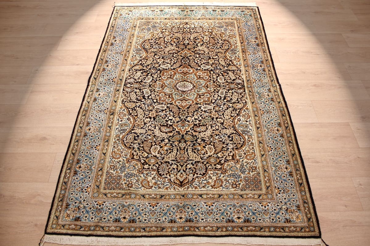 Seidenteppich Gom 220x136 cm Blau, feine Muster, handgeknüpft