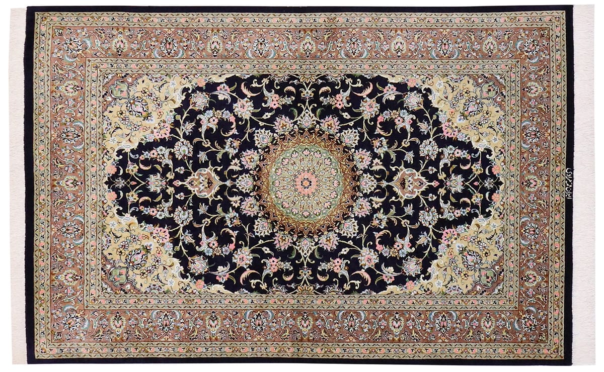 Seidenteppich Perserteppich Ghom 157x101 cm Dunkelblau, handgeknüpft