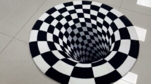 3D-Vortex-Illusion Runder Teppich Schwarz-Weiß Karomuster 3D Visuelle Optische Bodenmatte für das Schlafzimmer